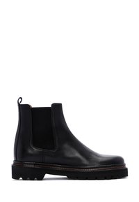 Zwarte leren Chelsea-boot met elastische zijpanelen, trekband aan de hiel en chunky profielzool.