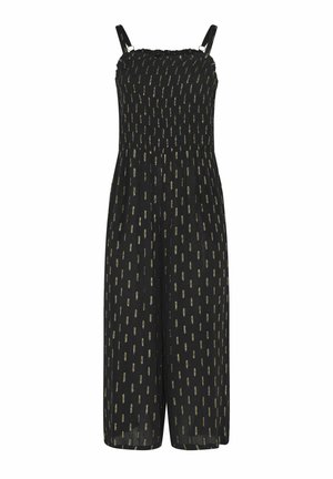 Zwarte mouwloze jumpsuit met dunne bandjes en een goudkleurig rechthoekig stippenpatroon, voorzien van een aansluitend, geplooid lijfje en wijde pijpen.