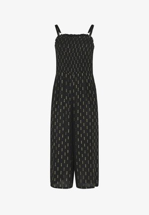 Sort, ærmeløs jumpsuit med tynde stropper og gyldent rektangulært prikkemønster, med en figursyet smocket overdel og vide ben.