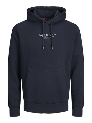 Marineblauwe hoodie van een katoenmix, met een voorzak, trekkoorden en witte logo-tekst op de borst. Geweven stof.