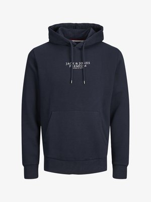 Marineblauwe hoodie van een katoenmix, met een voorzak, trekkoorden en witte logo-tekst op de borst. Geweven stof.