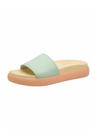 Ljusgrön halksandal med en strukturerad yta och bred rem, som har en persikofärgad plattformssula och en beige fotbädd.