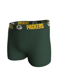 Boxers verdes con un ajuste ceñido, que presentan una cinturilla elástica en amarillo y negro con "PACKERS" y un logo. Tela suave y elástica.