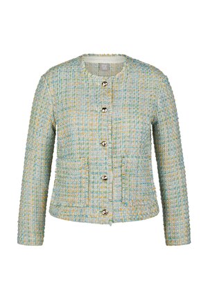 Helles blau-gelbes Tweed-Jacket mit rundem Ausschnitt, langen Ärmeln und fünf glänzenden goldenen Knöpfen auf der Vorderseite. Verfügt über zwei Fronttaschen.