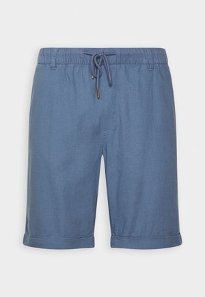 Blue shorts made of light fabric, featuring an elastic waistband with a drawstring and rolled cuffs for a casual fit.