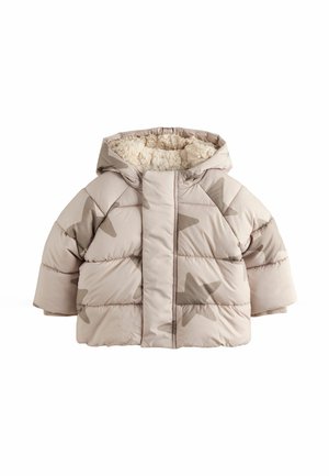 Giubbotto puffer beige con cappuccio, caratterizzato da motivi di stelle, design trapuntato e fodera morbida. Spesso e isolato per garantire calore.