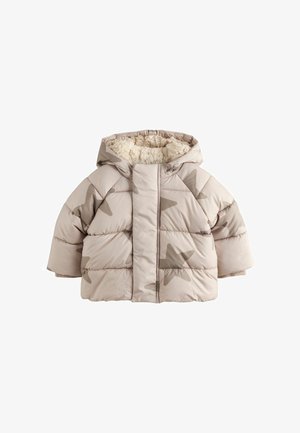 Beež puffer-jakk, millel on kapuuts, tähistaevastikuga, tikkimine ja pehme vooder. Paks ja soojustatud mugavuse tagamiseks.