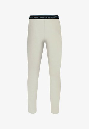 Hellgraue Sportleggings mit einem schwarzen elastischen Bund, darauf steht "OUTDOOR SPORTS". Hergestellt aus glattem, dehnbarem Material.