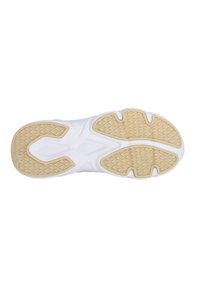 Semelle de chaussure de sport blanche avec une surface en caoutchouc texturée, présentant un motif en nid d'abeille et un accent beige contrastant au centre.