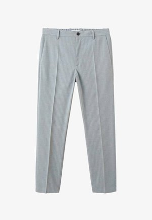 Helle graue Hose aus glattem Stoff mit vertikalen Streifen, in regulärer Passform, mit zwei seitlichen Taschen und einem Knopfverschluss.