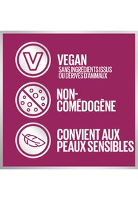 Fond violet avec des icônes et du texte blancs. Comprend un symbole "V" pour végan, une icône non-comédogène et du texte indiquant la convenance pour les peaux sensibles.