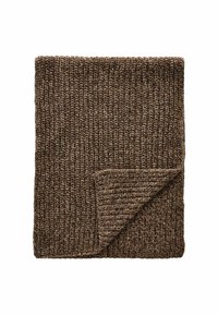 Knit blanket in brown tones with a textured surface and colorful speckles. Features a folded corner, showcasing its thick yarn construction.