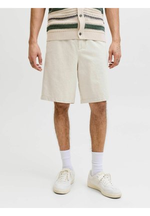 Muž nosíbéžové kraťasy po kolená, biele ponožky, biele tenisky a pruhovanú pletenú vestu, stojí na bielom pozadí.