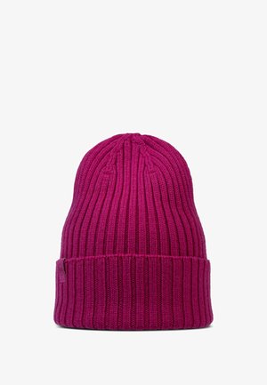 Fuchsia knit beanie with ribbed texture, featuring a folded cuff and a small logo tag on the side. Crafted from soft, warm material.