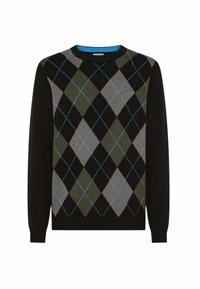 Maglione argyle nero con motivi a diamante in verde, grigio e blu. Collo rotondo classico e polsini a costine. Tessuto a maglia morbido.