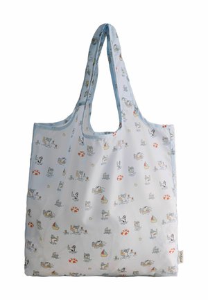 Kokkupandav hele sinine õlakott väikeste mänguliste joonistustega ujuvatest loomadest, paatidest, päästepaatidest ja kummist partidest.