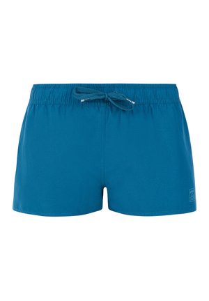 Blauwe zwembroek met een elastische tailleband en trekkoord. Zachte stof, vierkante snit en minimale branding aan de onderkant.