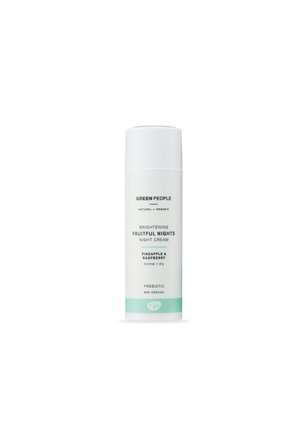 White cylindrical container with a pump dispenser; labeled "Brightening Fruitful Nights Night Cream," featuring turquoise accents and black text.