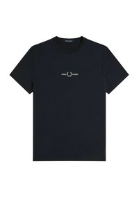 T-shirt in cotone blu navy con maniche corte, scollatura rotonda e logo "Fred Perry" ricamato in bianco con alloro sul petto.