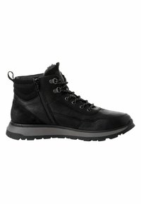 Schwarzer Mid-Top-Stiefel aus einer Mischung aus strukturiertem Leder und Mesh, mit metallischen Beschlägen, einem seitlichen Reißverschluss und einer robusten Gummisohle.