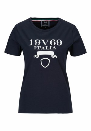 Granatowa koszulka z bawełny, z krótkimi rękawami i okrągłym dekoltem. Na przodzie biały napis graficzny "19V69 ITALIA" z detalem tarczy.