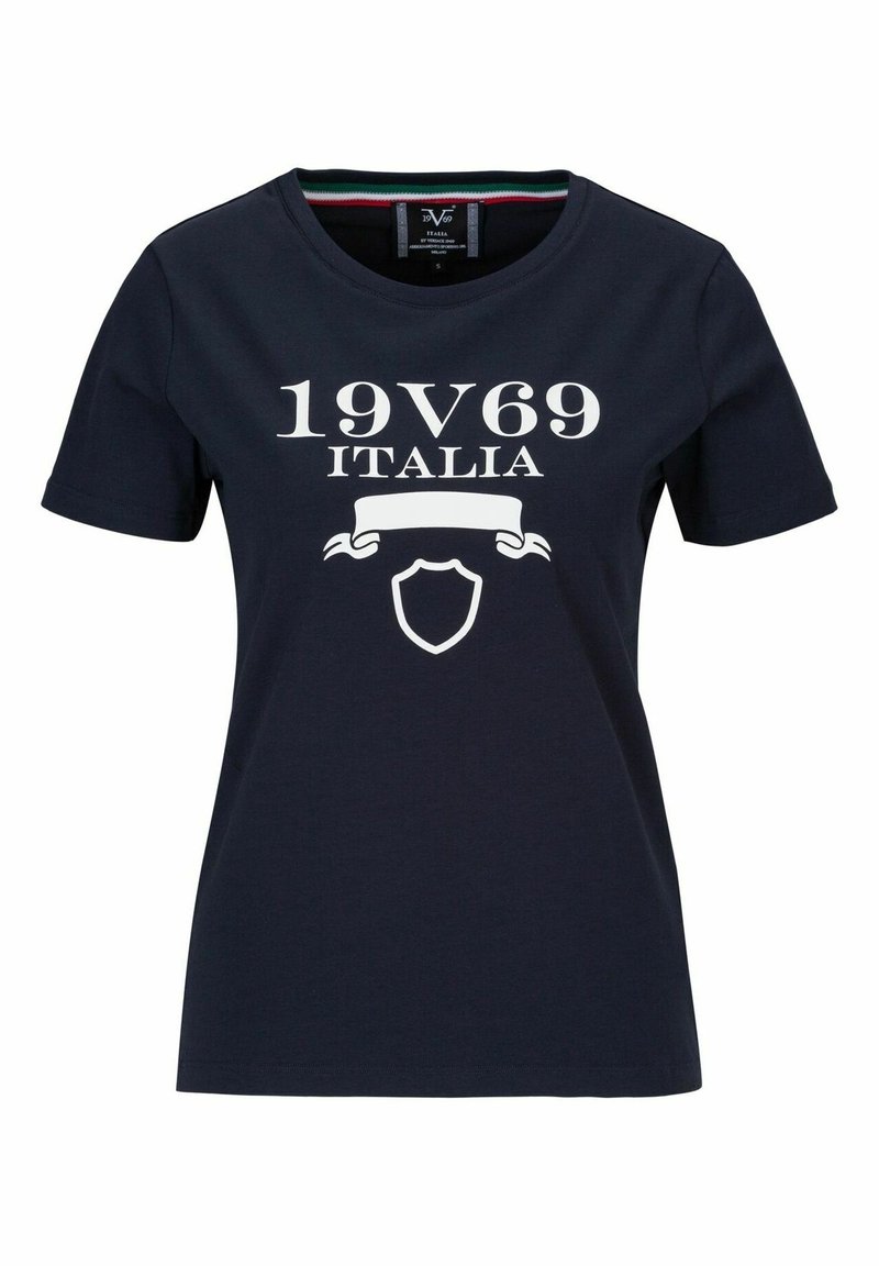 Námořnická modrá tričko vyrobené z bavlny, s krátkým rukávem a kulatým výstřihem. Na přední straně bílé grafické text "19V69 ITALIA" s detailem štítu.