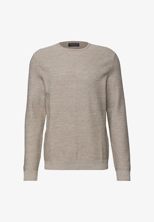 Pull beige à col ras du cou en tissu texturé. Manches longues, poignets et ourlet côtelés, avec des motifs horizontaux subtils.