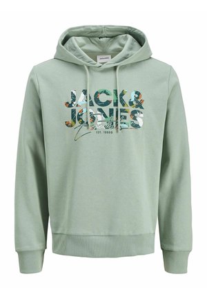 Svijetlozeleni dukserica s kapuljačom i šarenim grafičkim tekstom na prednjoj strani koji glasi "JACK & JONES Essentials".