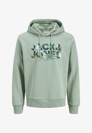 Kerged roheline kapuutsiga dressipluus, millel on jooni-kotiriin ja värviline graafikatekst, millel on ees kiri "JACK & JONES Essentials".