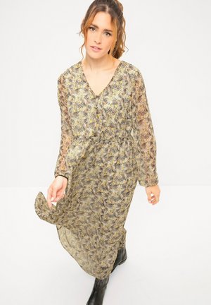 Bloemenprint lange mouwen jurk van lichtgewicht, doorschijnende stof; heeft een V-hals, elastische taille en aardetinten met hints van geel.