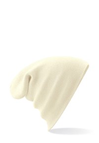 Off-white knitted slouchy beanie hat with ribbed texture, shown against a white background.