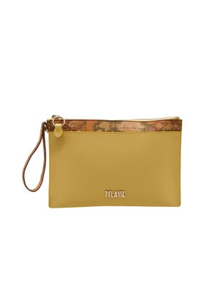 Pochette gialla con cinturino da polso, cerniera superiore e rifinitura marrone decorata, con piccolo logo metallico "T CLASSE" sulla parte anteriore.