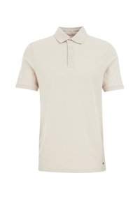 Short-sleeve, beige polo shirt with a textured pattern, classic collar, three-button placket, and subtle logo detail near the hem.
