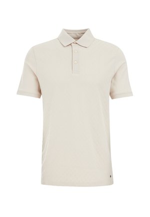 Short-sleeve, beige polo shirt with a textured pattern, classic collar, three-button placket, and subtle logo detail near the hem.