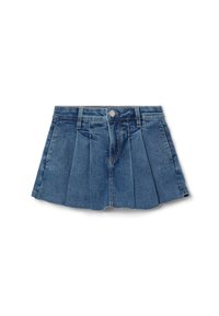 Falda mini de mezclilla plisada en azul oscuro. Presenta una cinturilla con un cierre de botón en la parte frontal y un dobladillo sin terminar. Tejido texturizado con pliegues prominentes.