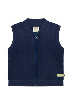Donkerblauw mouwloos fleecevest met voorrits en geribde kraag en zoom, met een klein groen-wit merkje aan de zijkant.