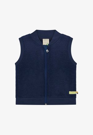 Donkerblauw mouwloos fleecevest met voorrits en geribde kraag en zoom, met een klein groen-wit merkje aan de zijkant.
