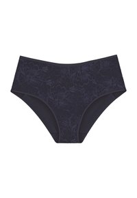 Chiloți pentru femei de culoare albastru închis, cu talie înaltă, prezentați din față pe un fundal alb, având un model din dantelă florală și margini elastice netede.