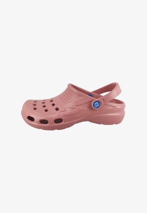 Light pink rubber clog with ventilation holes, textured sole, and a blue-button adjustable heel strap on a white background.