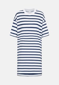 T-shirt rayé bleu marine et blanc avec manches courtes, un col rond et une coupe décontractée. Le tissu semble lisse et léger.