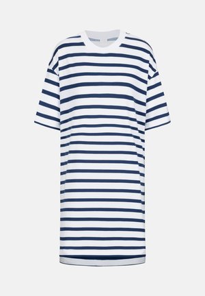 Navy and white striped t-shirt with short sleeves, a round neckline, and a relaxed fit. Fabric appears smooth and lightweight.