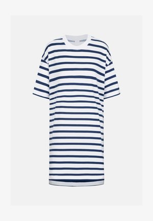 Donkerblauw-wit gestreept t-shirt met korte mouwen, een ronde halslijn en een losvallende pasvorm. De stof lijkt glad en lichtgewicht.