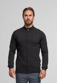 Dark gray zip-up sweater with a high collar, long sleeves, and ribbed cuffs and hem. Made from a soft, textured knit fabric.