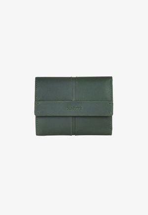 Green leather wallet with a simple design, featuring a fold-over closure, subtle logo accent, and visible stitching along the edges.