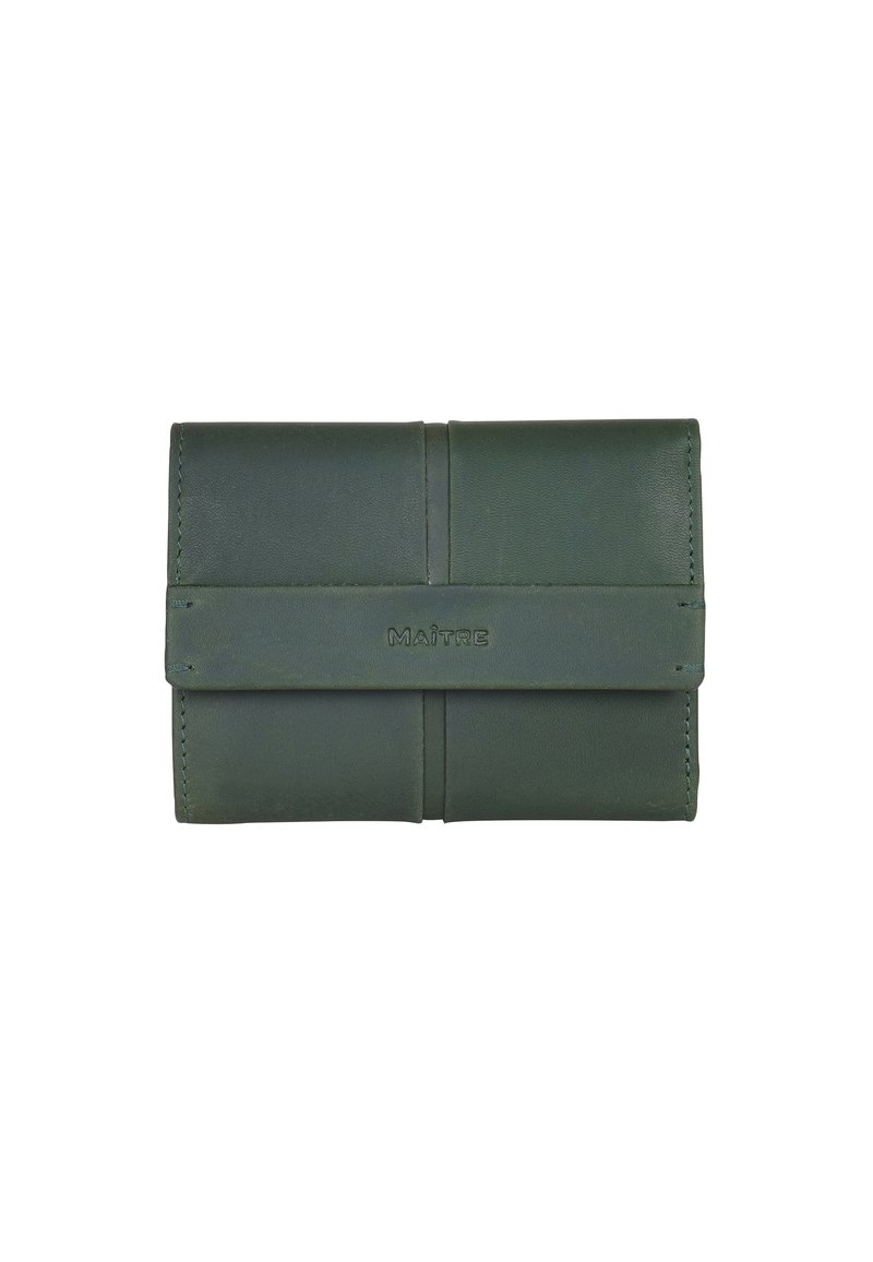 Portafoglio verde in pelle dal design semplice, con chiusura a piegatura, accentuazione del logo discreta e cuciture visibili lungo i bordi.