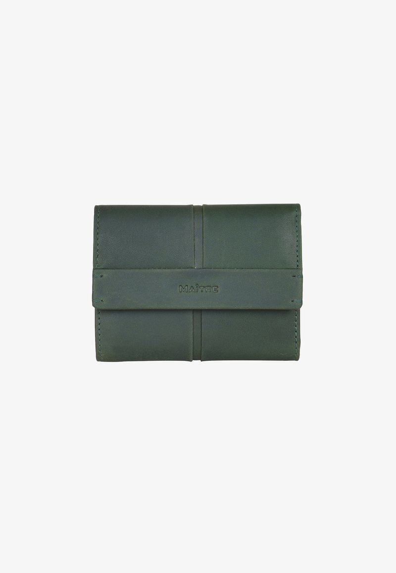 Portafoglio verde in pelle dal design semplice, con chiusura a piegatura, accentuazione del logo discreta e cuciture visibili lungo i bordi.