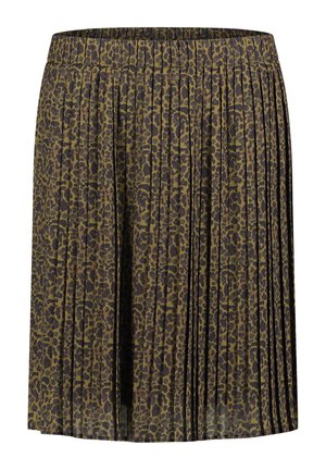 Plissérok van een donkergroene stof met een luipaardprintpatroon. Heeft een elastische tailleband en valt tot halverwege de kuit.