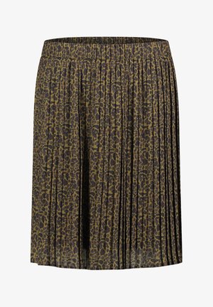 Plissérok van een donkergroene stof met een luipaardprintpatroon. Heeft een elastische tailleband en valt tot halverwege de kuit.
