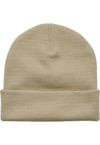 Beige gebreide beanie met een omgeslagen rand. Gemaakt van een zachte, gestructureerde stof met een gladde afwerking en een comfortabele pasvorm. Geen zichtbare logo's of patronen.
