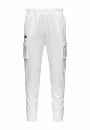 Pantalon de jogging blanc avec taille élastique, poches cargo latérales avec rabats, chevilles côtelées et petit logo noir sur la cuisse gauche.